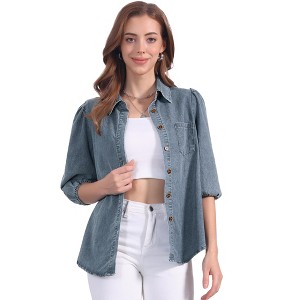 INSPIRE CHIC Women's 3/4 Puff Sleeve Collar Button Down Jean Shirts - 1 of 4