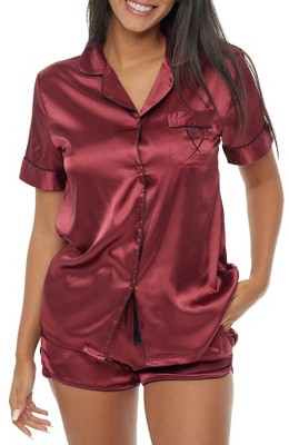 Adr Women's Classic Satin Pajamas Set With Pockets, Short Sleeve Pjs With  Heart Burgundy X Large : Target