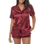 Womens Satin Pajamas Lounge Set, Silk like Short Sleeve Top and Shorts with Pockets