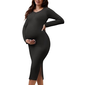 INSPIRE CHIC Womens Maternity Dress Split Bodycon Wedding Guest Cocktail Henley Button Midi Long Sleeve Pregnancy Dresses - 1 of 4
