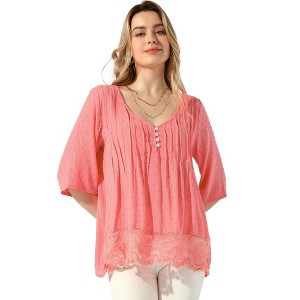 Allegra K Women's Lace Trim Ruched Comfy Summer 1/2 Sleeve V Neck Shirt - 1 of 4
