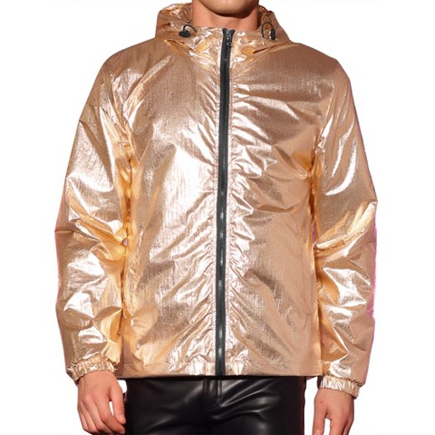 Lars Amadeus Men's Drawstring Hooded Zipper Party Club Metallic Windbreaker Golden XX Large