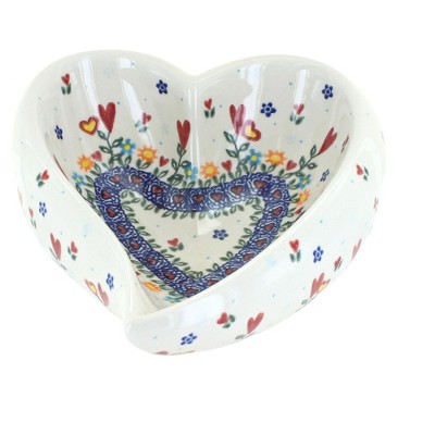 Blue Rose Polish Pottery Hearts & Flowers Shaped Heart Bowl