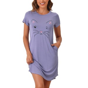 cheibear Women's Short Sleeve Summer Cute Cat Printed with Pockets Nightgowns - 1 of 4