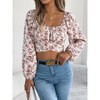 Women's Casual Floral Printed Pleated Square Neck Tops Tie Back Cropped Top Summer Long Lantern Sleeve Shirt Blouse - 3 of 4