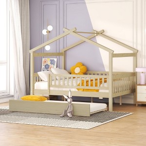 TIRAMISUBEST Twin/Full Size House Bed with Twin Size Trundle, Wooden House Platform Bed with Fence Guardrails and Roof Design for Kids - 1 of 4