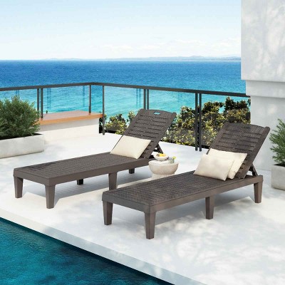 Set of 2 Outdoor Chaise Lounges, Slatted Design Chaise Lounges with Adjustable Backrest, Polypropylene Frame Chaise Lounge-Coolbibila