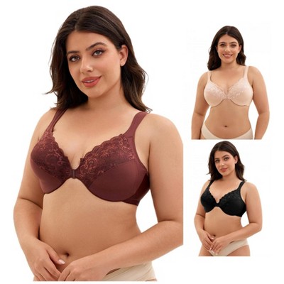 INSPIRE CHIC 3 Pcs Women's Front Closure Lace Trim Underwire Adjustable Straps Plunge Bras