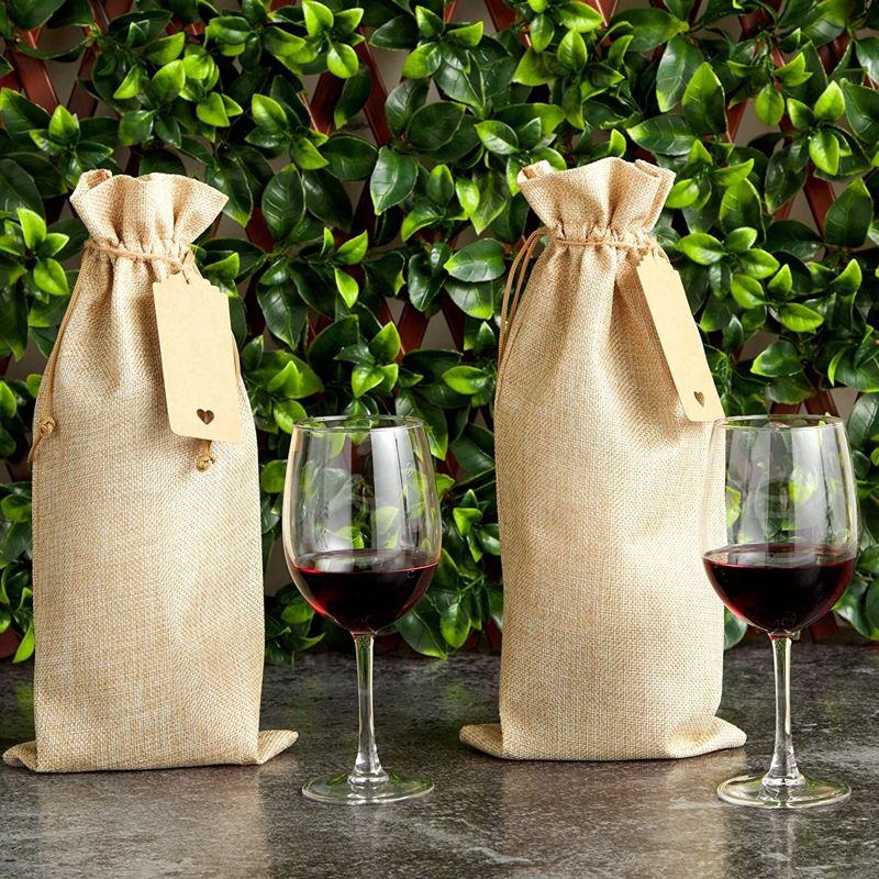 Sparkle and Bash 12 Pack Burlap Wine Bags with Drawstring & Tags, Reusable Bottle Covers for Party Favor, 14 x 6 in, 2 of 9