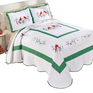 Collections Etc Cardinal Holly Embroidered Scalloped Edge Bedspread - 1 of 3