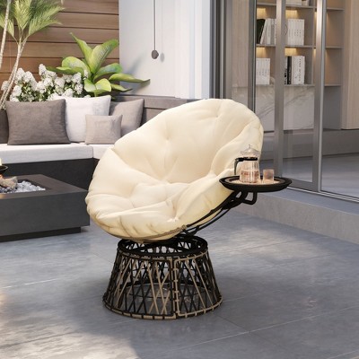 Beige Outdoor Papasan Chair with Cushions and Side Tray