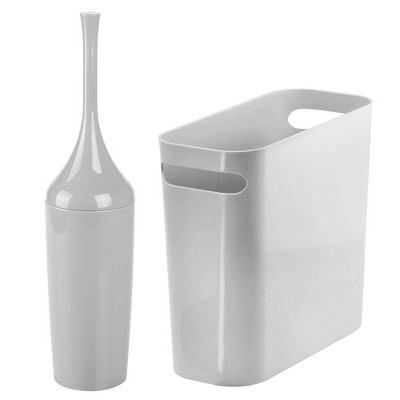 mDesign 2 Piece Plastic Bathroom Trash Can, Toilet Bowl Brush Set - Light Gray