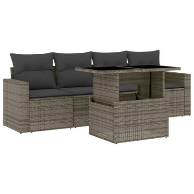 vidaXL 5 Piece Patio Sofa Set with Cushions Gray Poly Rattan - without storage