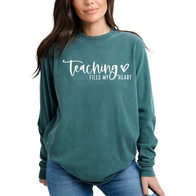 Simply Sage Market Teaching Fills My Heart Cursive Garment Dyed Long Sleeve
