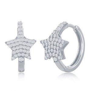 Bella Silver Sterling Silver Mircro Pave CZ Star Huggie Hoop Earrings - Silver - 1 of 2