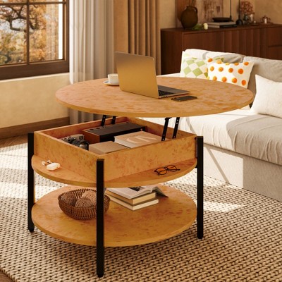 WOWLIVE 27"W Lift-Top Wood Coffee Table, Small Round Cocktail Table with Storage for Living Room, CT007