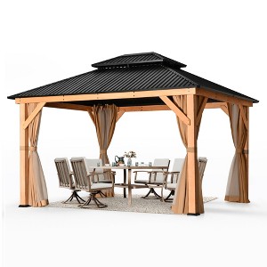 HAPPATIO 11' × 13' Wood Gazebo, Outdoor Hardtop Gazebo with Mosquito Nets and Curtains - 1 of 4