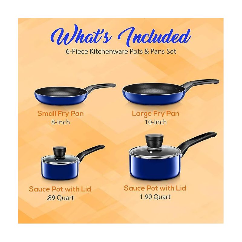 SereneLife 6 Piece Kitchenware Pots & Pans Set – Basic Kitchen Cookware, Black Non-Stick Coating Inside, Heat Resistant Lacquer (Blue), 2 of 8