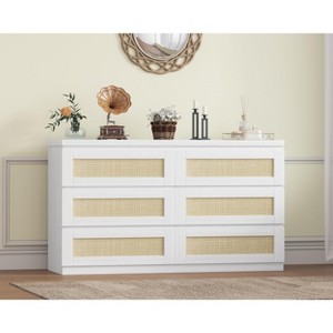 Garvee Rattan 6 Drawer Dresser, Modern Farmhouse Storage Chest with Natural Rattan Panels, Compact Organizer for Bedroom, Entryway, Nursery - 1 of 4