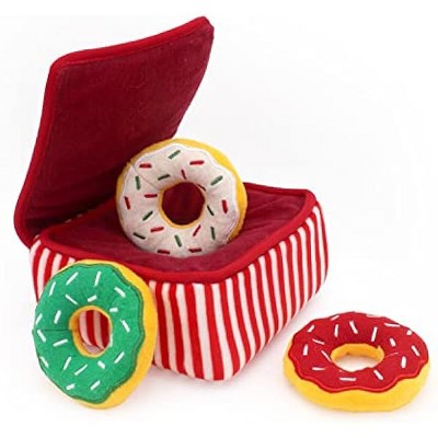 ZippyPaws Burrow Christmas Dog Toy - Plush Squeaky Holiday Dog Gifts, Interactive Hide & Seek Stocking Stuffers for Pets - Xmas Donutz Box