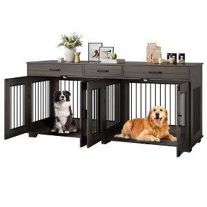 Modern Double Dog Crate Furniture - 71" Wooden Kennel for 2 Dogs, Heavy-Duty Pet House w/Divider & 3 Drawers, Furniture Style TV Stand - 1 of 4
