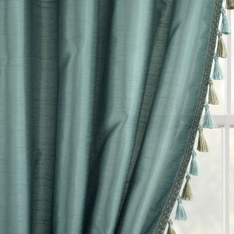 Luxury Regency Faux Silk Two Tone Tassel Window Curtain Panels Blue 52x84 Set, 1 of 6
