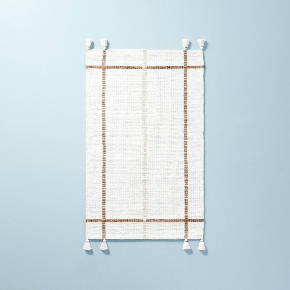 3' x 5' Bold Cross Stripes Tassel Accent Rug Cream/Tan - Hearth & Hand™ with Magnolia