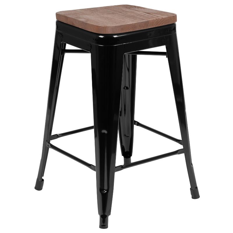 Merrick Lane 24 Inch Tall Stackable Metal Bar Counter Stool With Textured Elm Wood Seat In Set Of 4, 6 of 18