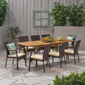 Christopher Knight Home Outdoor Acacia Wood and Wicker 9 Piece Expandable Dining Set with Cushion - 1 of 4