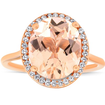 Pompeii3 5 1/2 Ct TW Halo Diamond & Oval 10x12 Morganite Ring 14k Rose Gold - Size 7.5