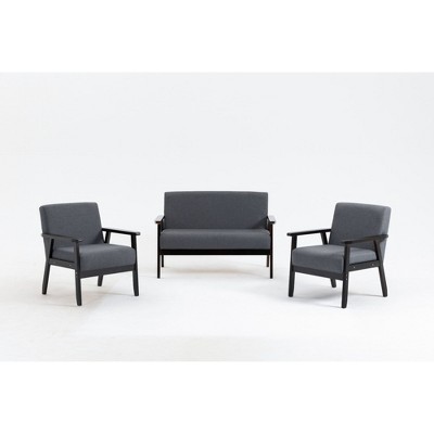Solid Wood Loveseat and 2 Chairs Set with Full Foam Seats for Living Room