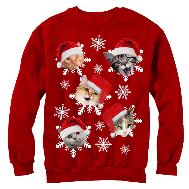Women's Lost Gods Ugly Christmas Cat Snowflakes Sweatshirt, 1 of 5