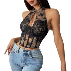 Women's Crop Top Lace Spaghetti Crop Tops V-Neck Bralette Lace Corset Corset Slim Fit Camisole - 1 of 4