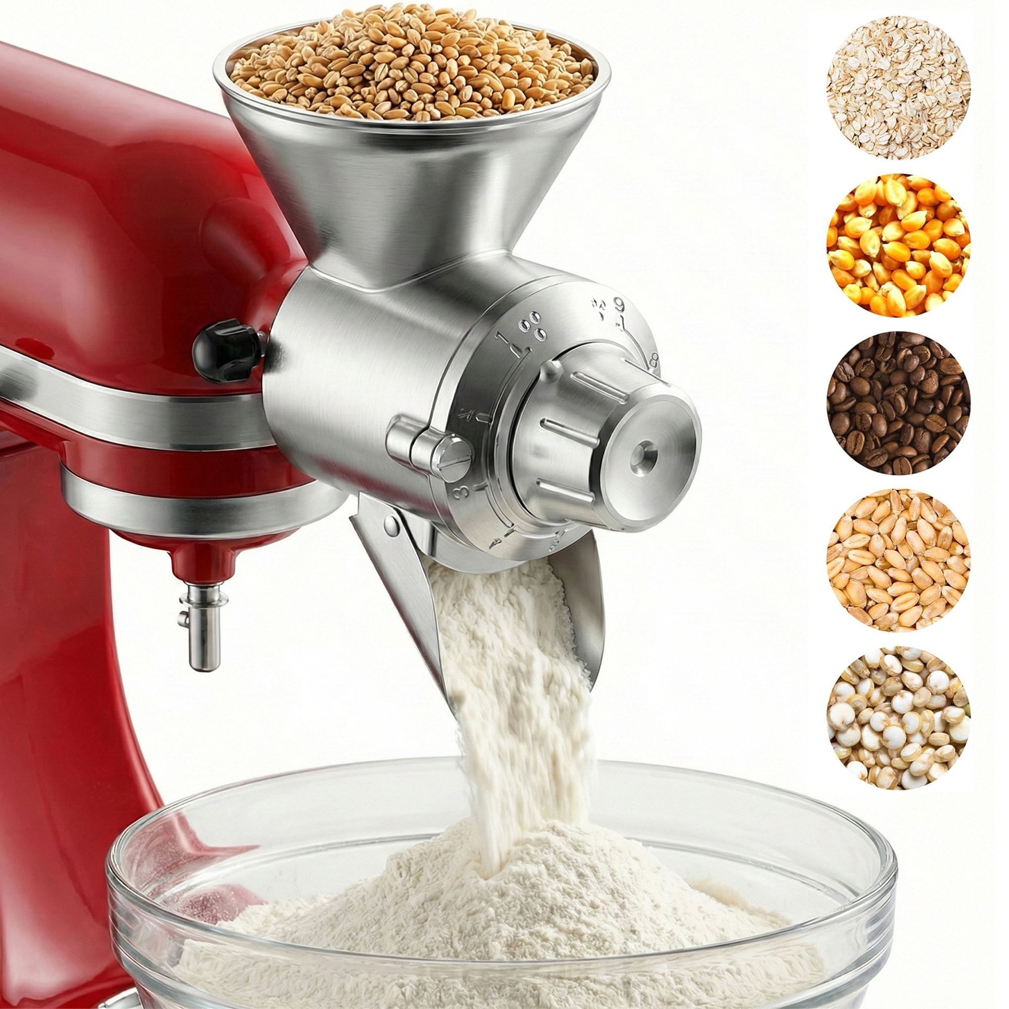 Gvode Grain Mill Attachment, Compatible with KitchenAid®, All metal, 9 Grind Levels, Grains/ Cereals