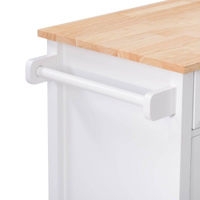 White Pinewood Kitchen Cart with Storage and Wheels