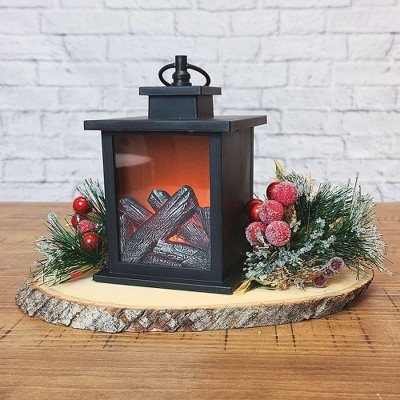 Tokyo Black Plastic LED Vintage Lantern Set with Fireplace Scene