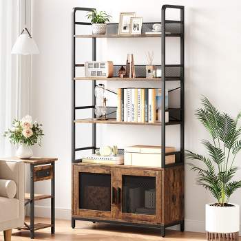 Whizmax Bookshelf with Doors Industrial Bookcase with 4 Tiers Open Storage Shelf for Bedroom, Living Room, Home Office, Brown