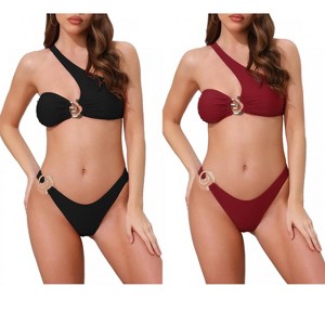 INSPIRE CHIC Women's Asymmetric One Shoulder Metallic Decoration Triangle Bottom Swimwear Bikini Suits 2 Sets - 1 of 4
