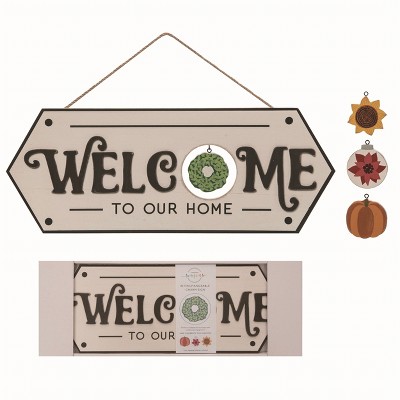 Transpac Wood Multicolor Christmas Welcome Sign with Interchangeable Icons Set of 5