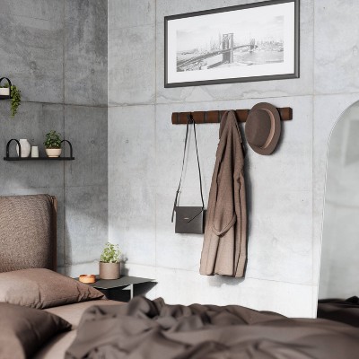 Flip Black and Walnut Solid Wood Wall Mounted Coat Rack with 8 Hooks