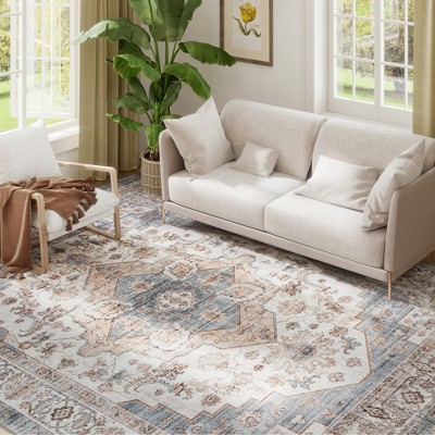 HOMCOM 8x10 Area Rug, Vintage Machine Washable Rug, Non-Slip Low Pile Carpet for Living Room, Bedroom, Dining Room, Home Office, Brown and Light Blue