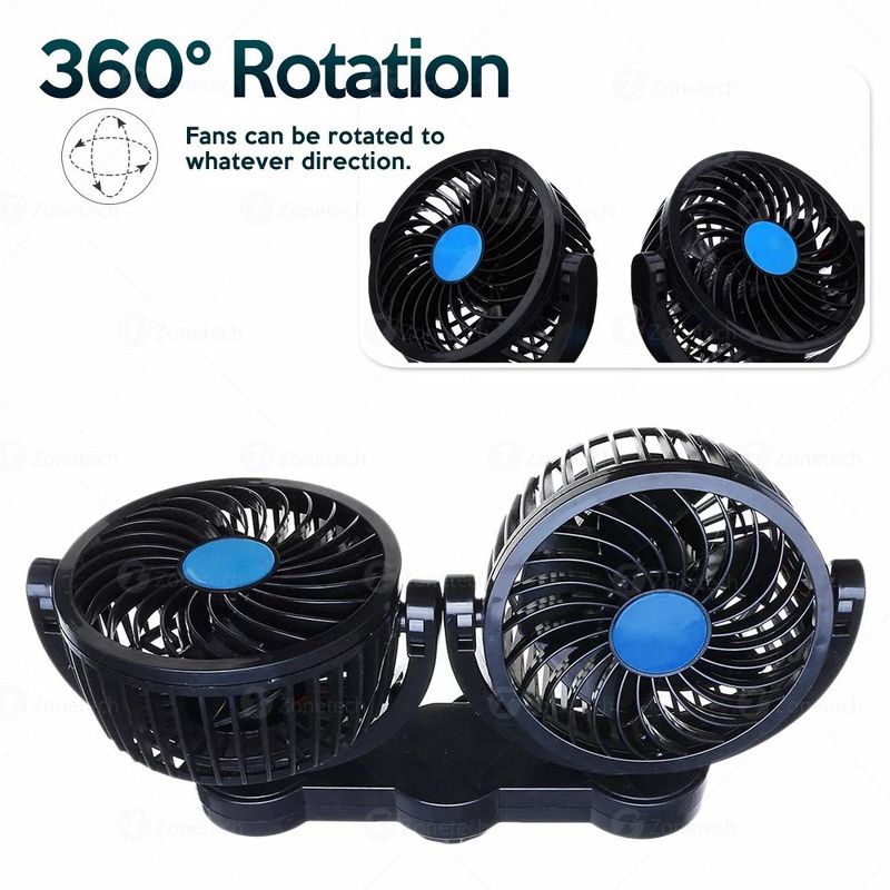 Zone Tech 12V Dual Head Car Auto Electric Cooling Air Fan for Rear Seat - Powerful Quiet 2 Speed 360 Degree Rotatable 12V Ventilation Rear Seat, 2 of 8