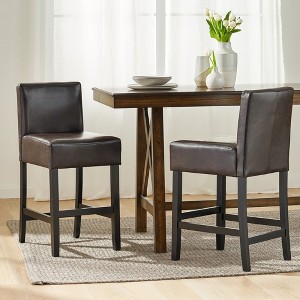 26" Bonded Leather Counter Height Barstools with Wood Frame, Set of 2 for Kitchen, Living Room, or Pub Table - 1 of 4