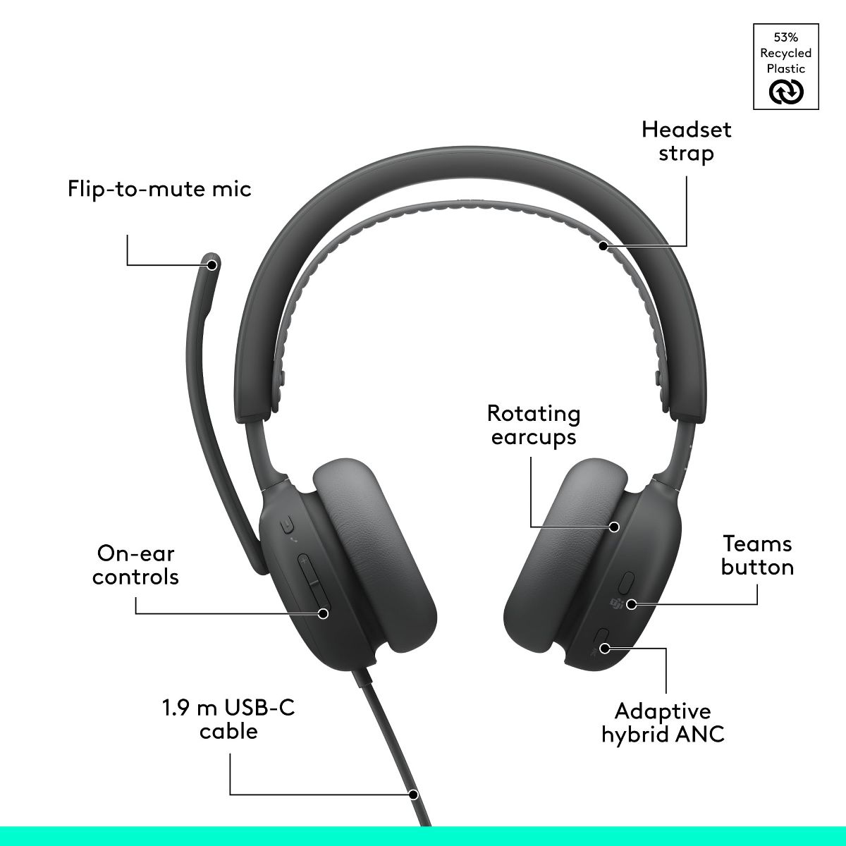 Logitech Zone Wired 2 Noise-Canceling Headset w/ Hybrid USB-C/USB-A Graphite - thumbnail 5
