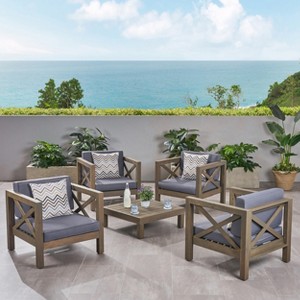 Christopher Knight Home Brava Outdoor Acacia Wood 4 Seater Club Chair Chat Set with Cushions - 1 of 4