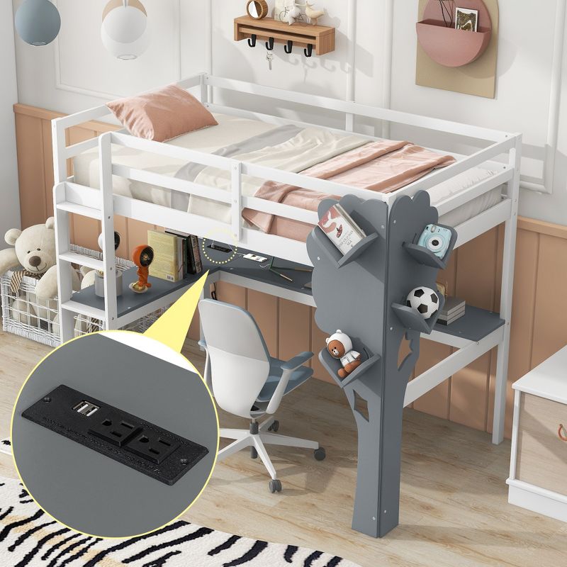 Twin Size Loft Bed with L-Shaped Desk, Tree-Shaped Bookcase and Charging Station, White + Gray - ModernLuxe, 2 of 12