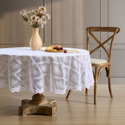 HLC.ME Isabella Floral Patterned Scalloped Tablecloth, Wrinkle Resistant, Lace Fabric Table Cloth for Round Tables