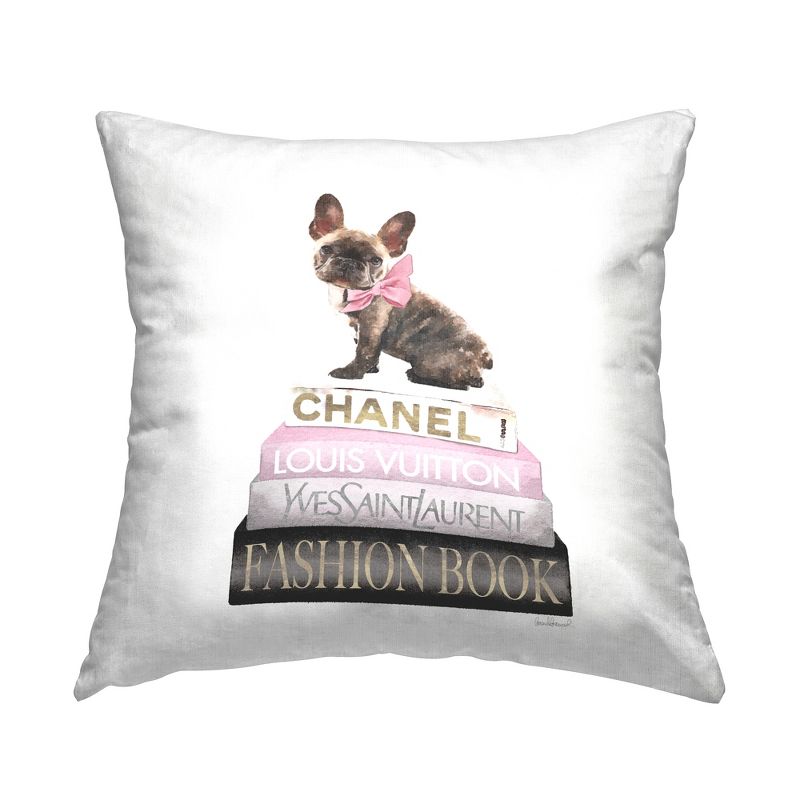 Stupell Industries Pink Bow Dog Gold Black Bookstack Glam Fashion Printed Pillow, 18 x 18, 1 of 3
