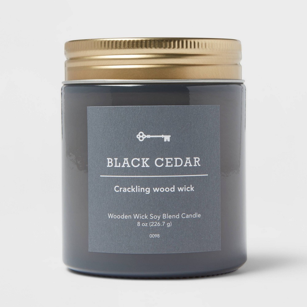 8oz Tinted Glass Woodwick Candle with Silver Metal Screw Top Lid Black Cedar - Threshold