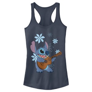 Juniors Womens Lilo & Stitch Floral Ukulele Dance Racerback Tank Top - 1 of 4